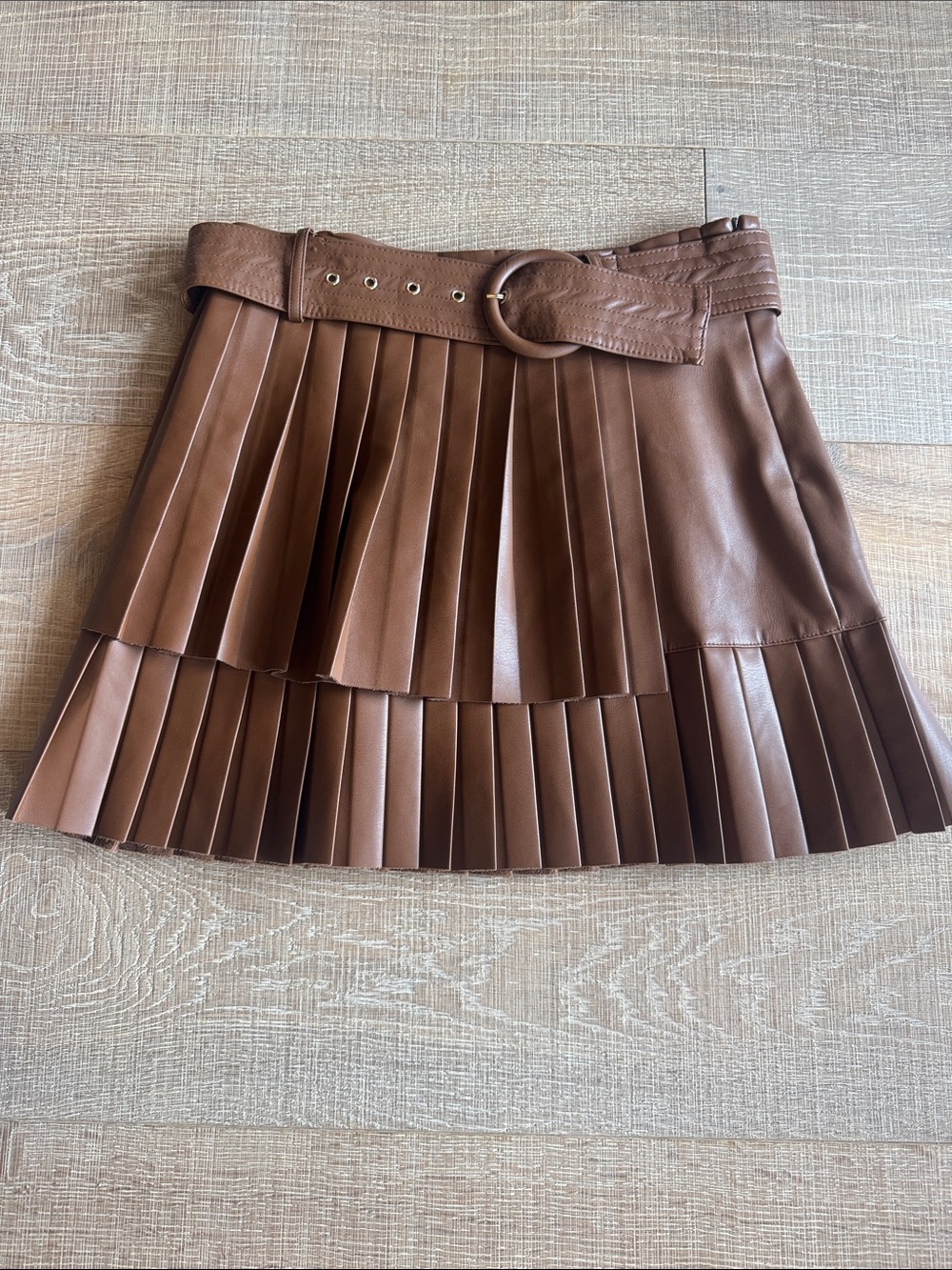 Zara faux leather pleated Brown Mini Skirt with wide Belt M